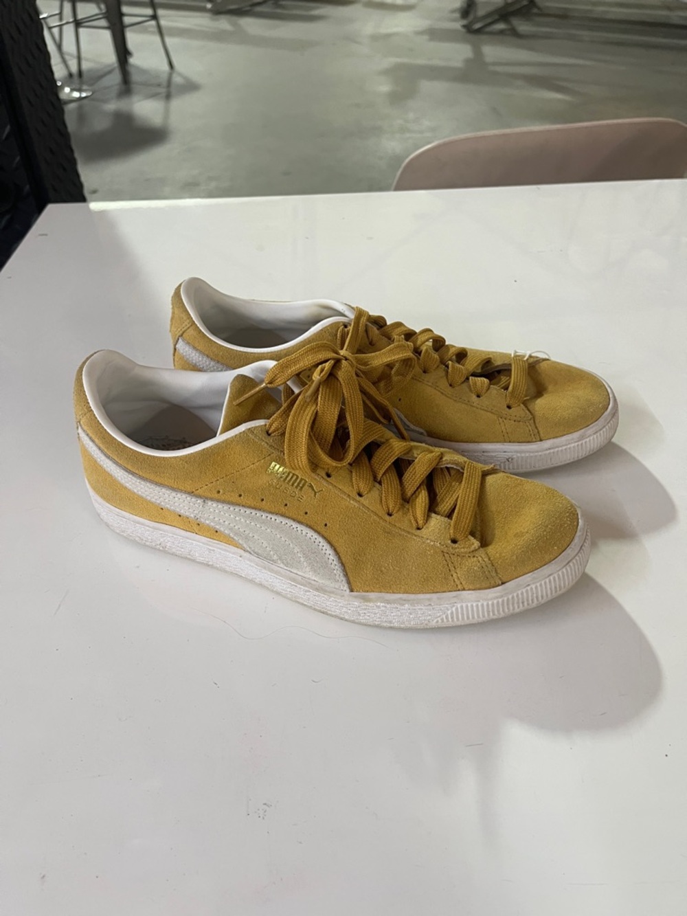Puma Suede Low-Top Sneakers in Mustard Yellow and White